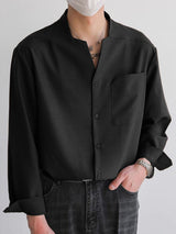 Mens Solid Notched Neck Long Sleeve Shirt SKUK61142