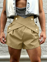Men's Avant-Garde High-Waisted Crossover Waistband Decorative Gold Button Short SKUL63831