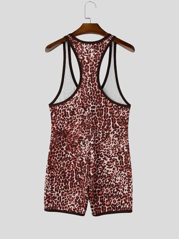 Men's Wild Sexy Leopard Print Mesh Spliced Deep U Neck Bodysuit SKUL73617