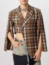 Mens Asymmetrical Hem Plaid Long-Sleeve Blazer SKUK81208