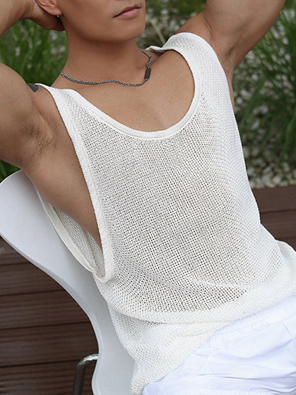 Mens Solid U-neck Knit Hollow Tank SKUK02703