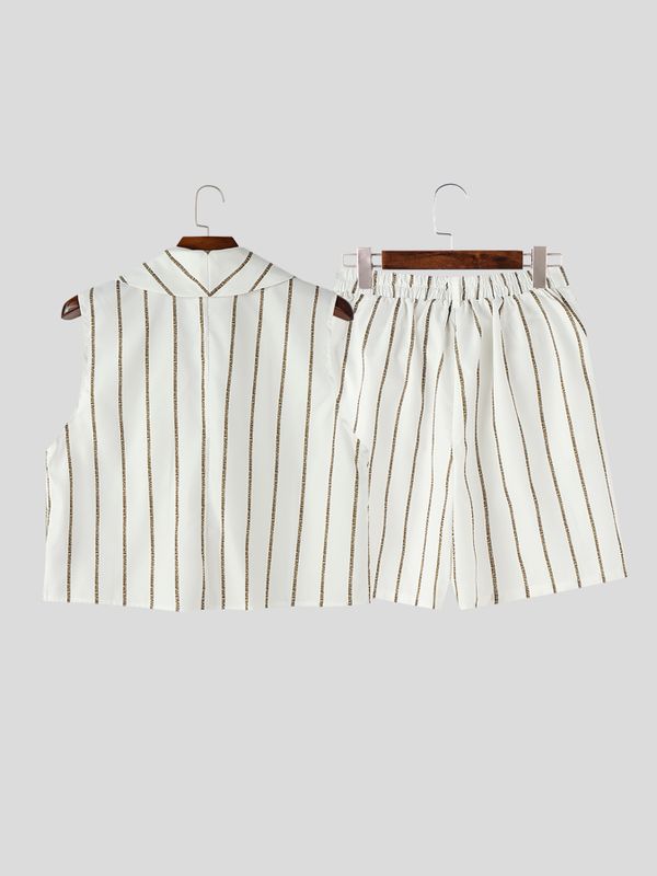 Men's Avant-Garde Striped Cropped Lapel Two Pieces Outfit SKUL61886