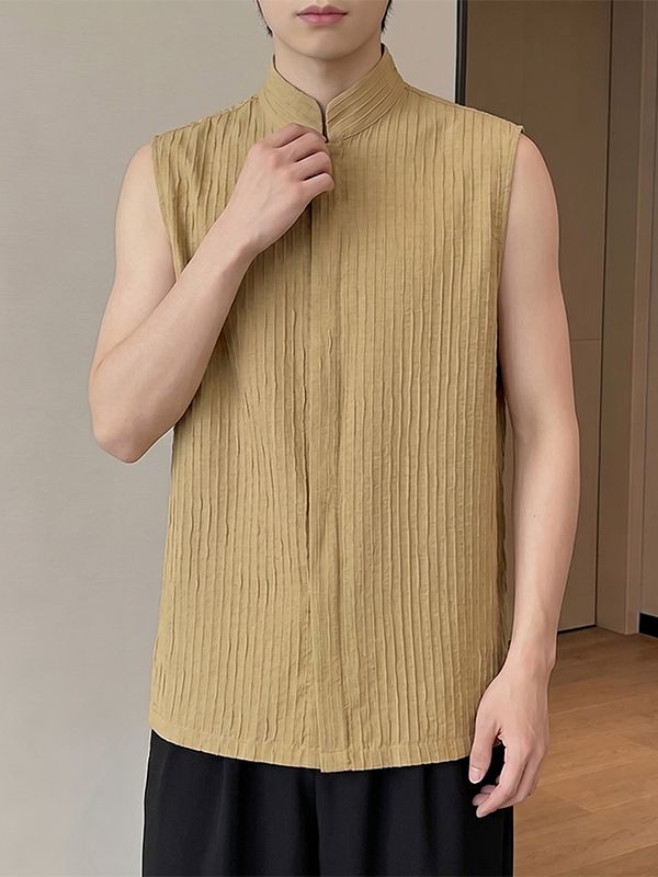 Men's Minimalist Textured Pleated Stand Collar Sleeveless Shirt SKUL72735