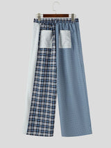 Men's Japanese Streetwear Asymmetrical Plaid Patchwork Wide-Leg Pant SKUL69636