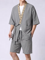 Men's Japanese Zen Style Kimono Wrap Two Pieces Outfit SKUL74793