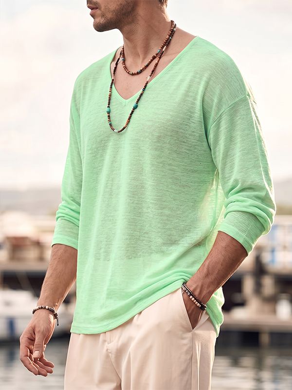 Men's Beach Resort Sheer Lightweight Deep V-Neck Long Sleeve T-shirt SKUL72650
