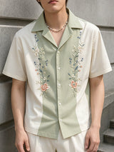Men's American Vintage Floral Print Color-Block Short Sleeve Shirt SKUL72580