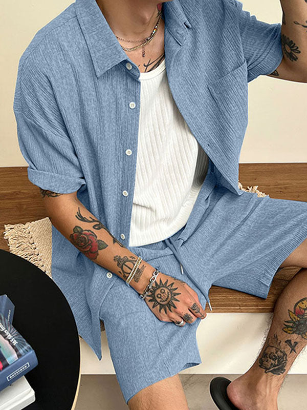 Mens Simple Textured Short Sleeve Two Pieces Outfit SKUL03662