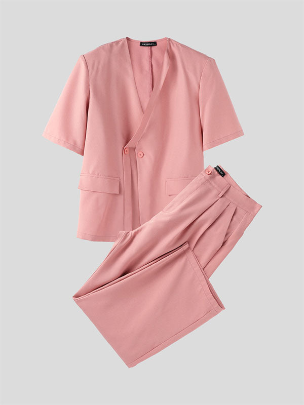 Mens Solid Color Loose Fit Two Pieces Outfit SKUL15638