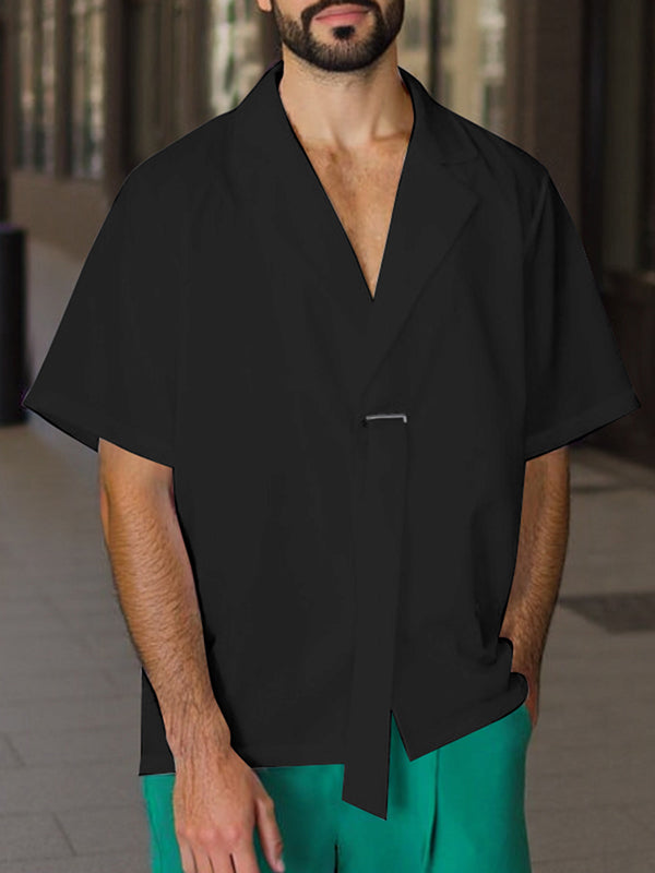 Mens Solid Color Ribbon Patchwork Short Sleeve Shirt SKUL02098