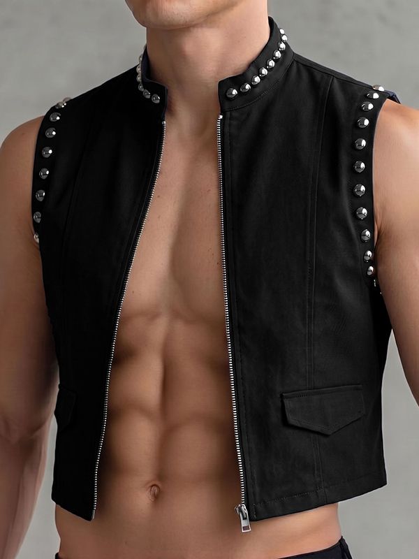 Men's Punk Rock Studded Crop Zipper Waistcoat SKUL63109