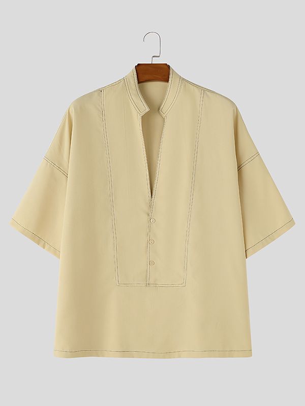 Men's Vintage Casual Contrast Stitching Deep V Neck Short Sleeve Shirt SKUL63973
