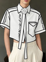 Men's Trendy 2D Comic Style Rose Tie Ribbon Cropped Short Sleeve Shirt SKUL55275