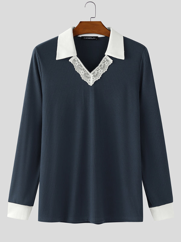 Men's Lace Patchwork Contrast Lapel Long Sleeve Shirt SKUL25985