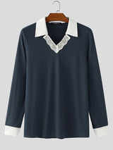 Men's Lace Patchwork Contrast Lapel Long Sleeve Shirt SKUL25985