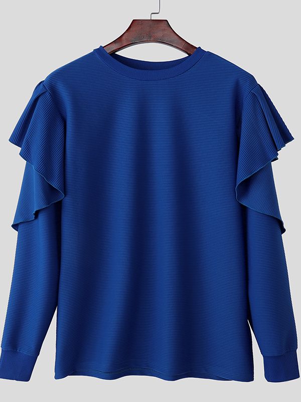 Men's Textured Ruffle Layered Crew Neck Long Sleeve T-shirt SKUL46331