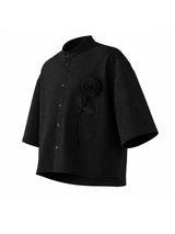 Men's Vintage Modern Chinese Mandarin Collar 3D Applique Rose Cropped Short Sleeve Shirt SKUL73660