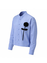 Men's Romantic Avant-Garde 3D Rose Appliqué Cropped Pinstripe Mandarin Collar Shirt SKUL79629