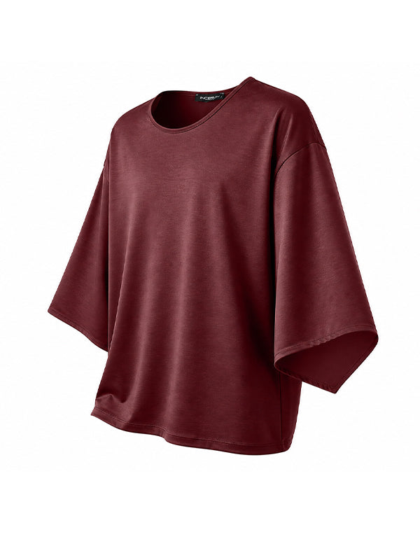 Men's Romantic Avant-Garde High-Shine Satin Kimono-Sleeve Flowy T-shirt SKUL80552