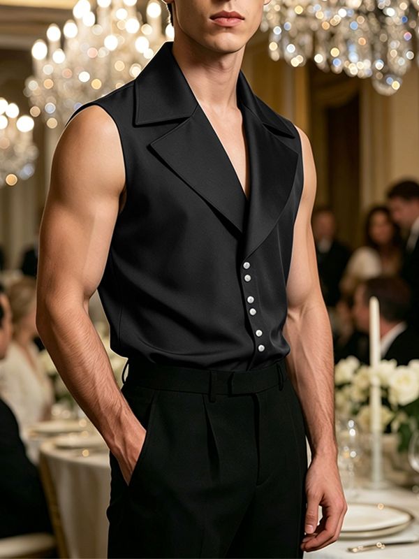 Men's Avant-Garde Tuxedo Lapel Satin Tailored Sleeveless Shirt SKUL62973