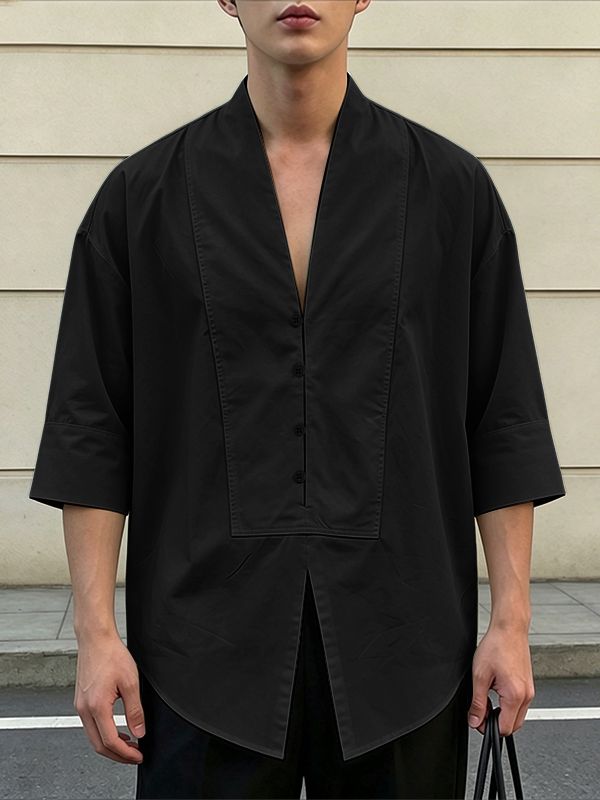 Men's Avant-Garde Zen Deep V-Neck Paneled Boxy Shirt SKUL63976