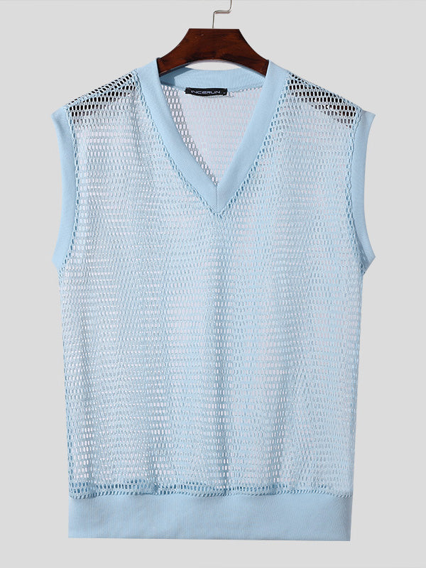 Mens Solid Mesh See Through Sleeveless Vest SKUK56406