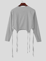 Men's Cutout Cropped Cowl Neck Long Sleeve T-shirt SKUL47776