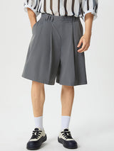 Mens Solid Pleated Mid Length Casual Shorts SKUK17986