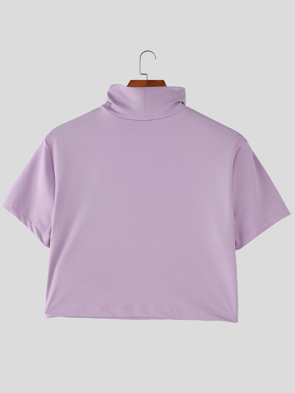 Men's Streetwear Slim Fit Chest Cut Out Mock Neck Cropped T-shirt SKUL51882