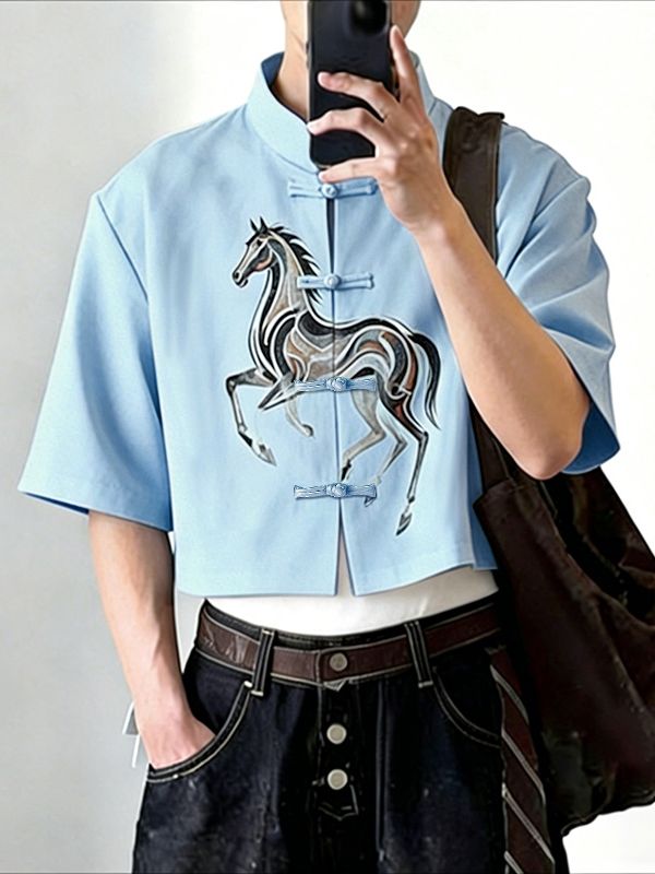Men's New Chinese Style Horse Graphic Frog Button Cropped Shirt SKUL61179