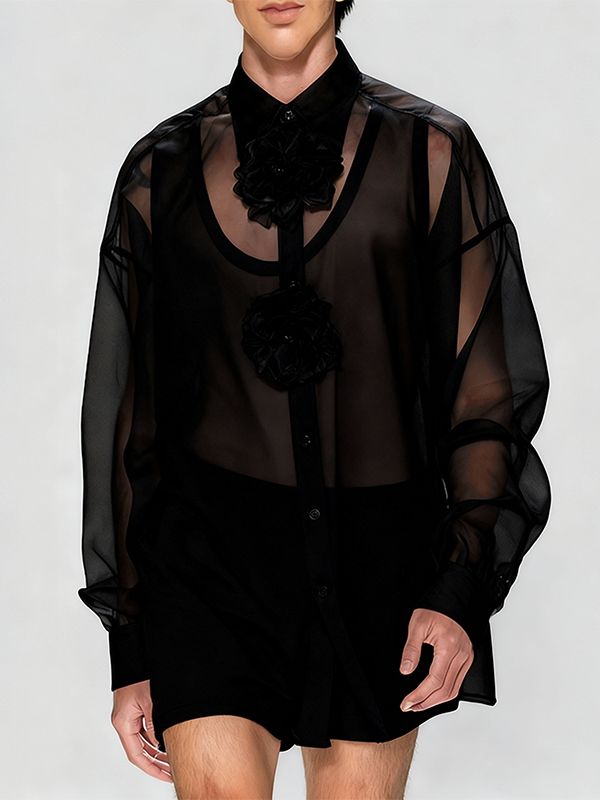 Men's 3D Floral Patchwork Sheer Mesh Long Sleeve Shirt SKUL42546