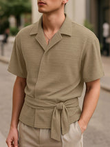 Men's Solid Color Slant Placket Tie Long Sleeve Shirt SKUL29747