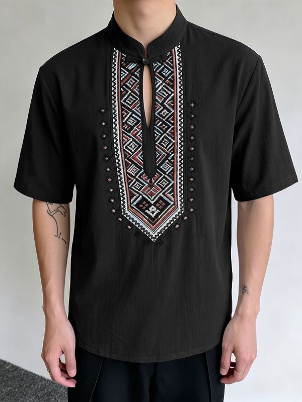 Men's Modern Neo-Chinese Ethnic Geometric Print Deconstructed Keyhole Stand Collar Short Sleeve Shirt SKUL60994