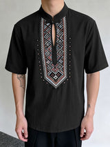 Men's Modern Neo-Chinese Ethnic Geometric Print Deconstructed Keyhole Stand Collar Short Sleeve Shirt SKUL60994