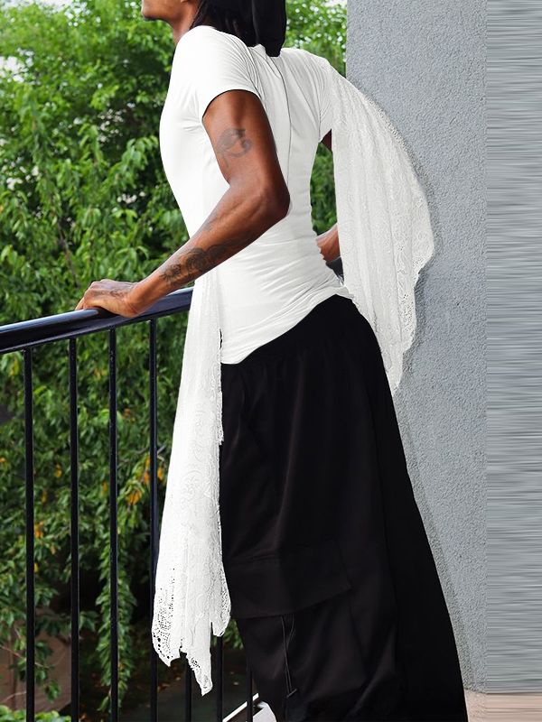 Men's Solid Color Lace Patchwork Knitted Short Sleeve T-shirt SKUL42802