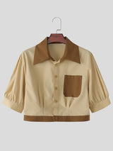 Men's High Street Party Color Block Cropped Puff Short Sleeve Shirt SKUL75730