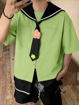 Men's Contrast Color Floral Sailor Collar Tie Shirt SKUL41283