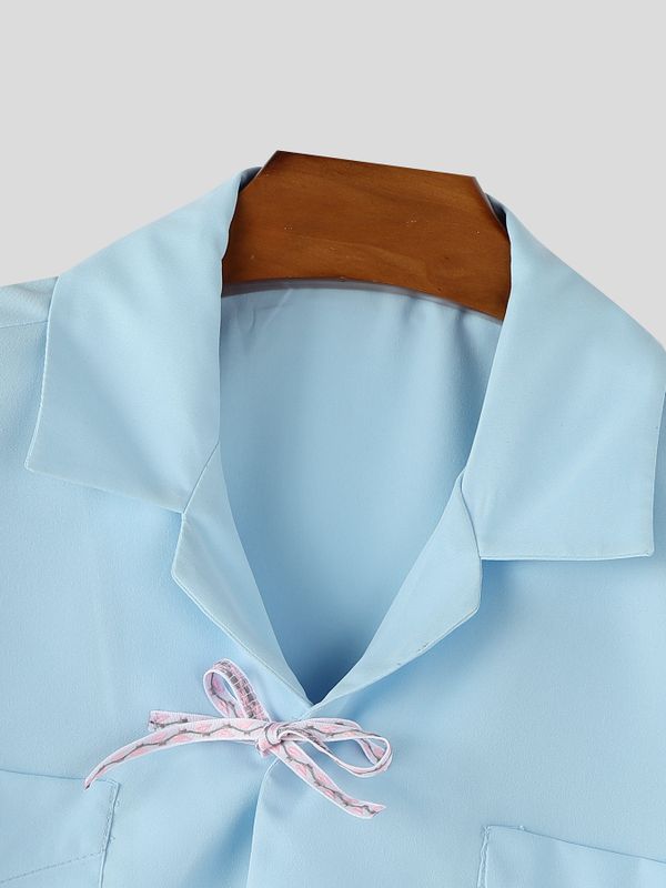 Men's Minimalist Double Pocket Bow Tie Short Sleeve Shirt SKUL58724