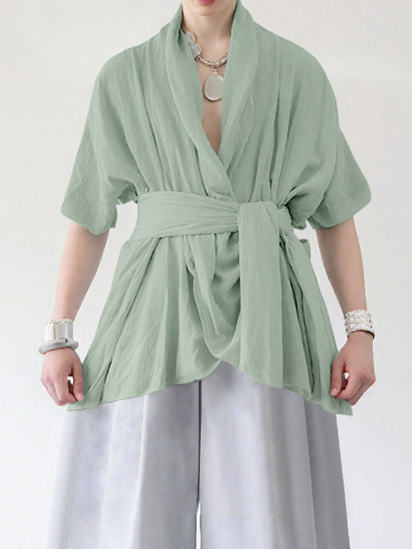 Men's Asymmetrical Placket Tie Short Sleeve Cardigan SKUL24951