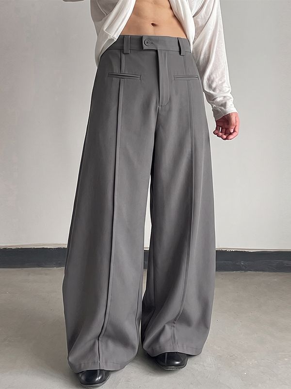 Men's Clean-Fit Casual Daily Commute Pin-Tuck Seam Welt Pocket Wide-Leg Pant SKUL85943