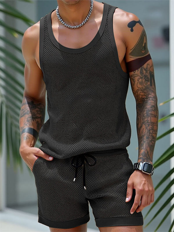 Mens Solid Color Sheer Mesh Two Pieces Outfit SKUL18019