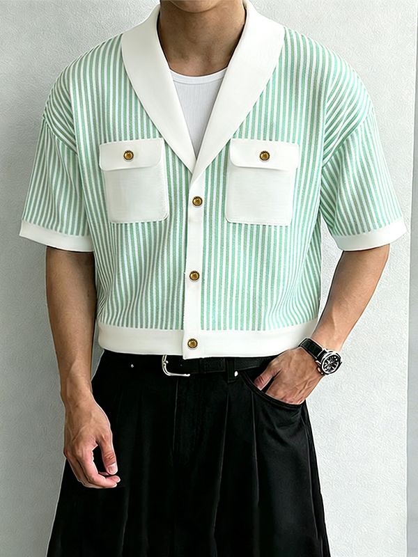 Men's Vintage Preppy Vertical Striped Knit Contrast Shawl Collar Pocket Short Sleeve Shirt SKUL63829