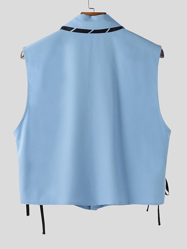 Men's Solid Color Drawstring Tie Cropped Sleeveless Shirt SKUL37675