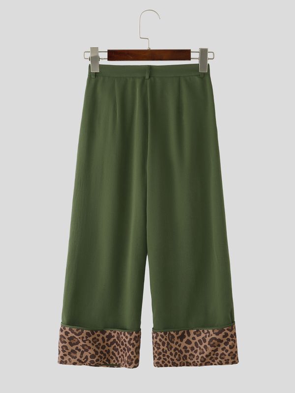 Men's Retro High Street Leopard Turn-Up Cuff Pleated Full Length Wide Leg Pant SKUL79225