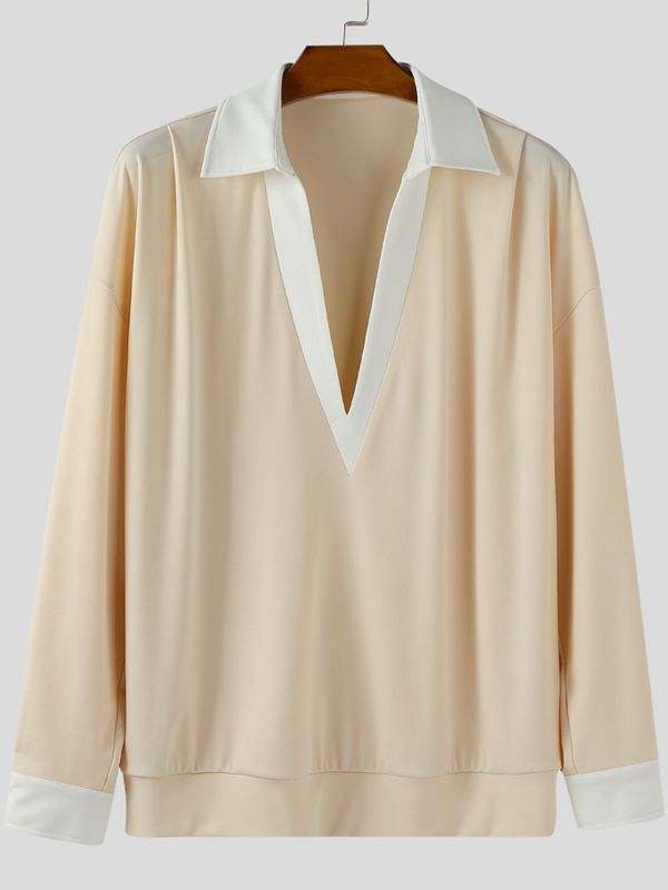 Men's Colorblock Deep V Lapel Long Sleeve Sweatshirt SKUL34191