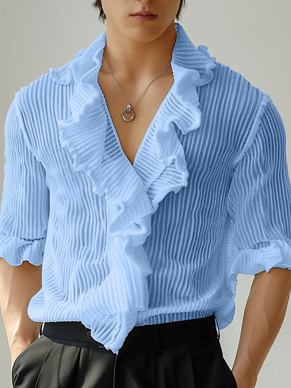 Mens Striped Ruffle Half Sleeve Shirt SKUK74907