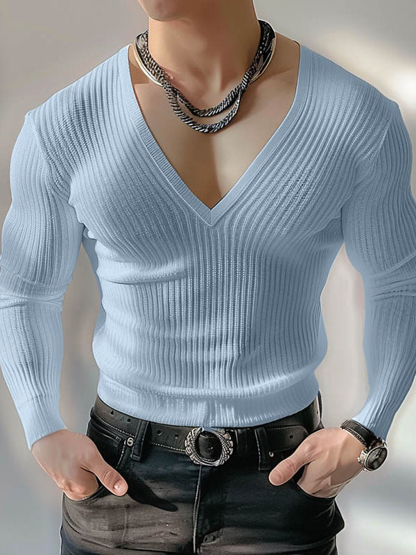 Mens Fashion Fitted Knit V-neck T-shirt SKUK68898