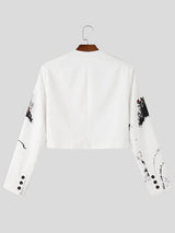 Men's Avant-Garde Gallery Plum Blossom Ink Print Collarless Structured Shoulder Long Sleeve Cropped Blazer SKUL79642