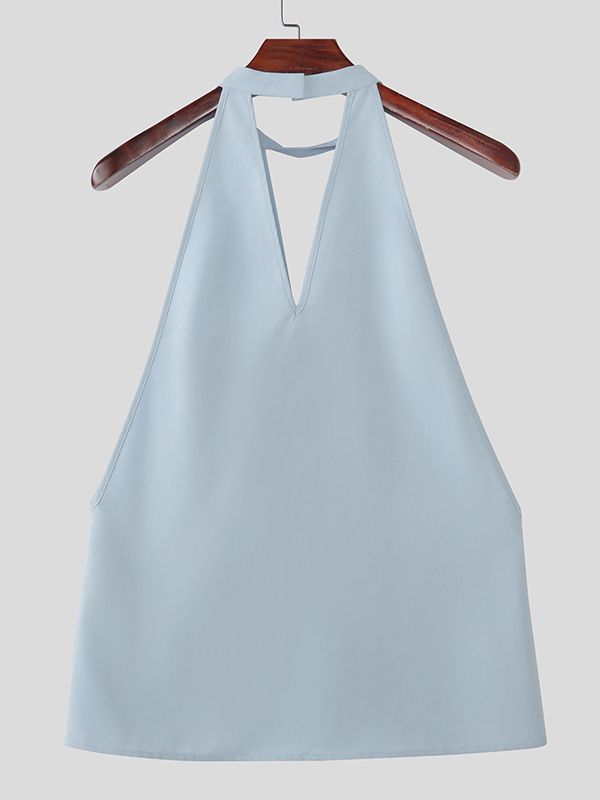 Men's Solid Color Halter Casual Sleeveless Shirt SKUL46164