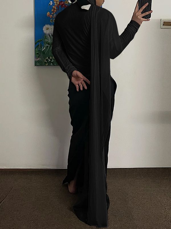 Men's Deconstructed Solid Color Ribbon Long Sleeve T-shirt SKUL44014